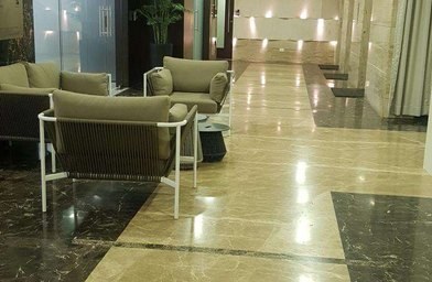 Marble-clad lobby with seating